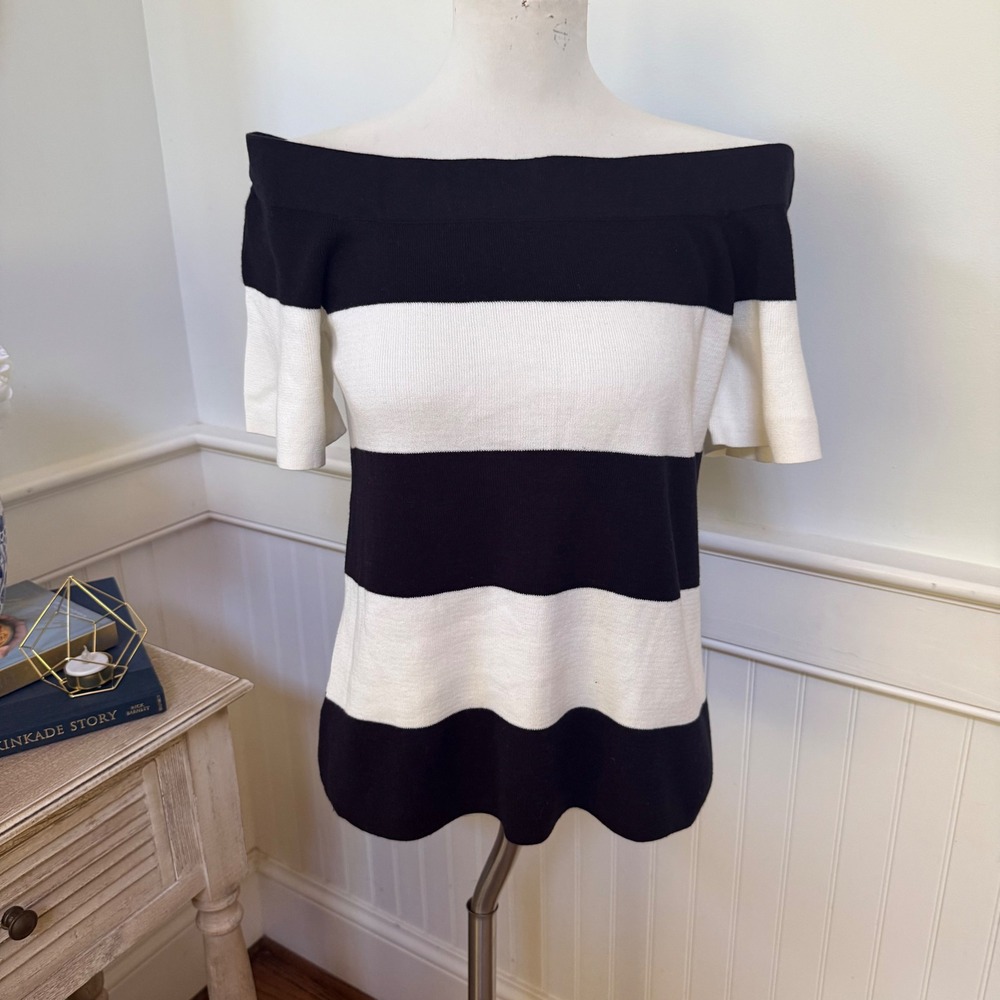 Loft Outlet Womens Black White Striped Off the Shoulder Cotton Knit Top Size M‎